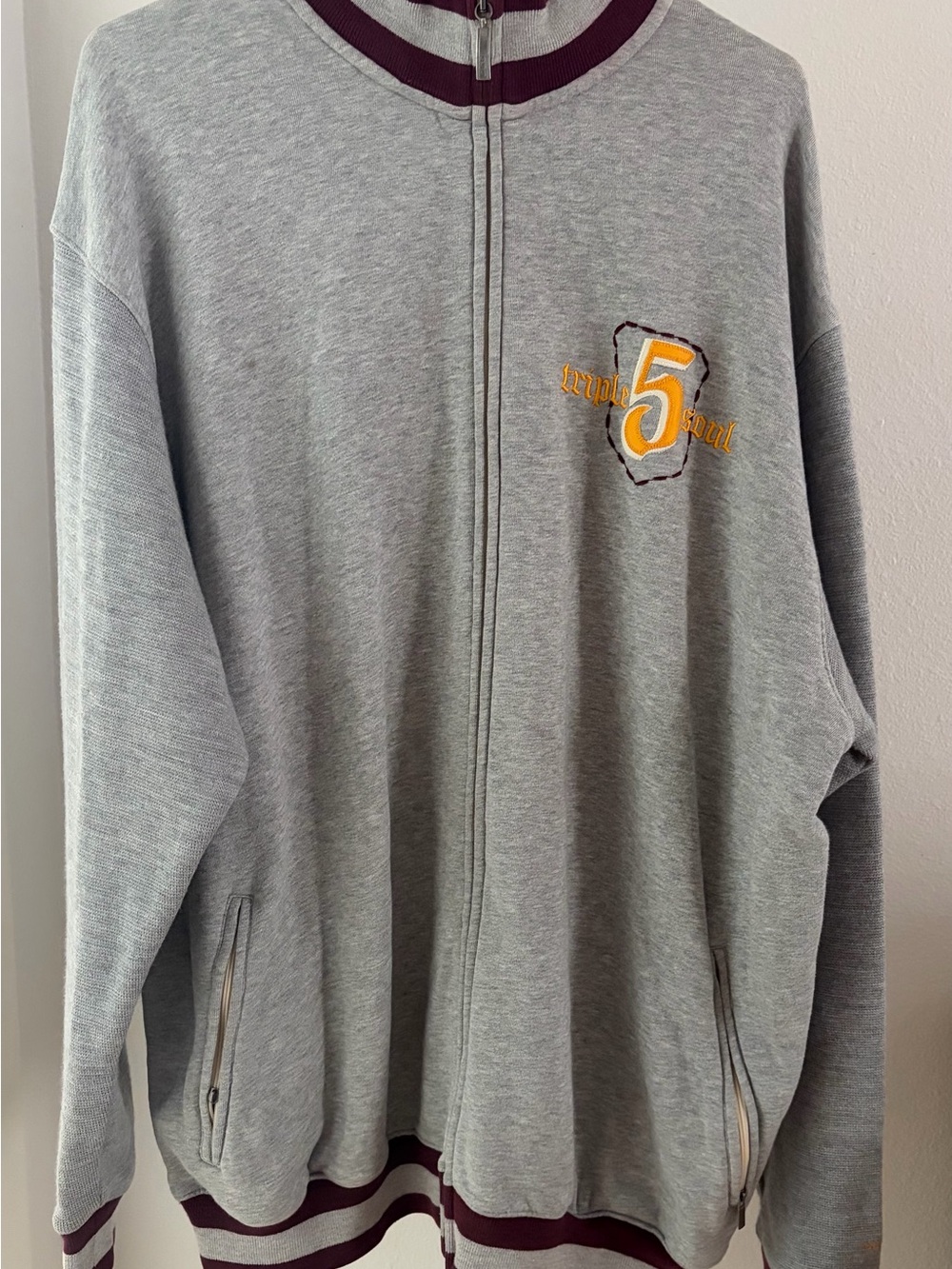 Triple Five Soul Gray Zip-Up Sweatshirt with Yellow '5' Patch and Burgundy Trim